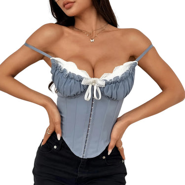 Women's Ruffle Lace-Trim Crop Corset Going Out Camisole Y2K Street Date Night Club Party Tops, Drestiny, Corsets, Crop Tops, Tank Tops, Causal Shirts, Sleeveless, S, M, L, United States, USA, Canada, Australia, New Zealand, United Kingdom, Blue, Pink, UK, Navy, Red, Brown, Grey, Black, Y2K corset top, ruffle lace crop top, sexy going out tops, date night camisole, clubwear tops women, Y2K fashion tops, lace trim corset top, party tops women's, ruffle crop top UK, going out camis UK, shopdrestiny.com